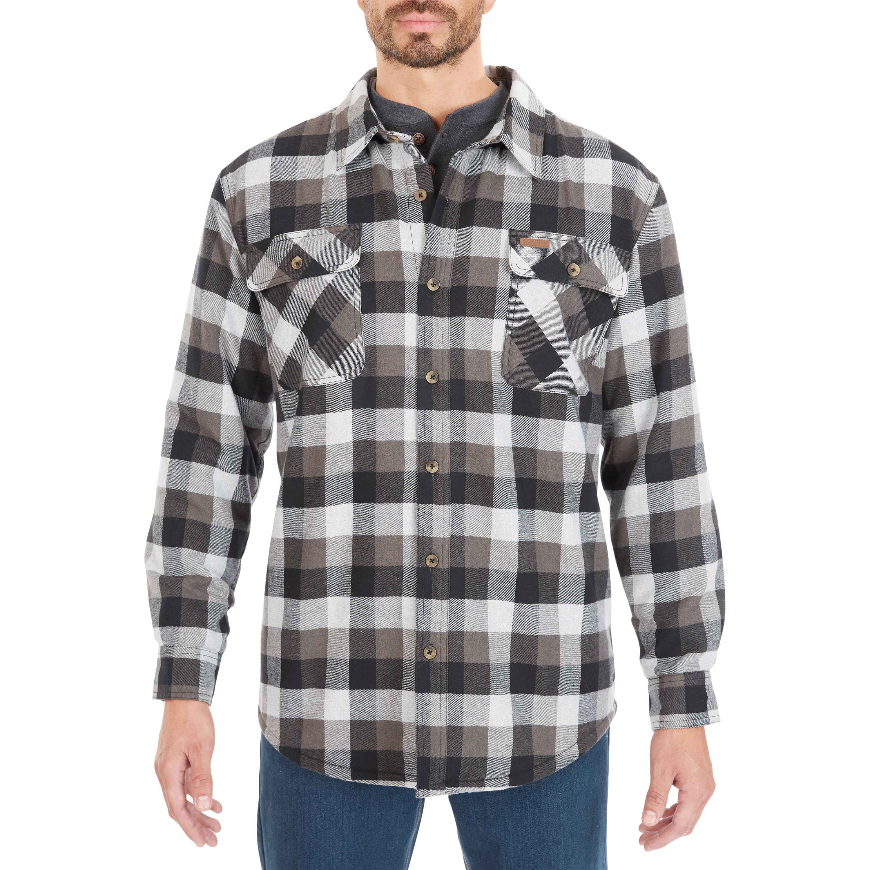  Smith's Workwear Sherpa-Lined Cotton Flannel Shirt Jacket - Stone/Black-55 - Bonton