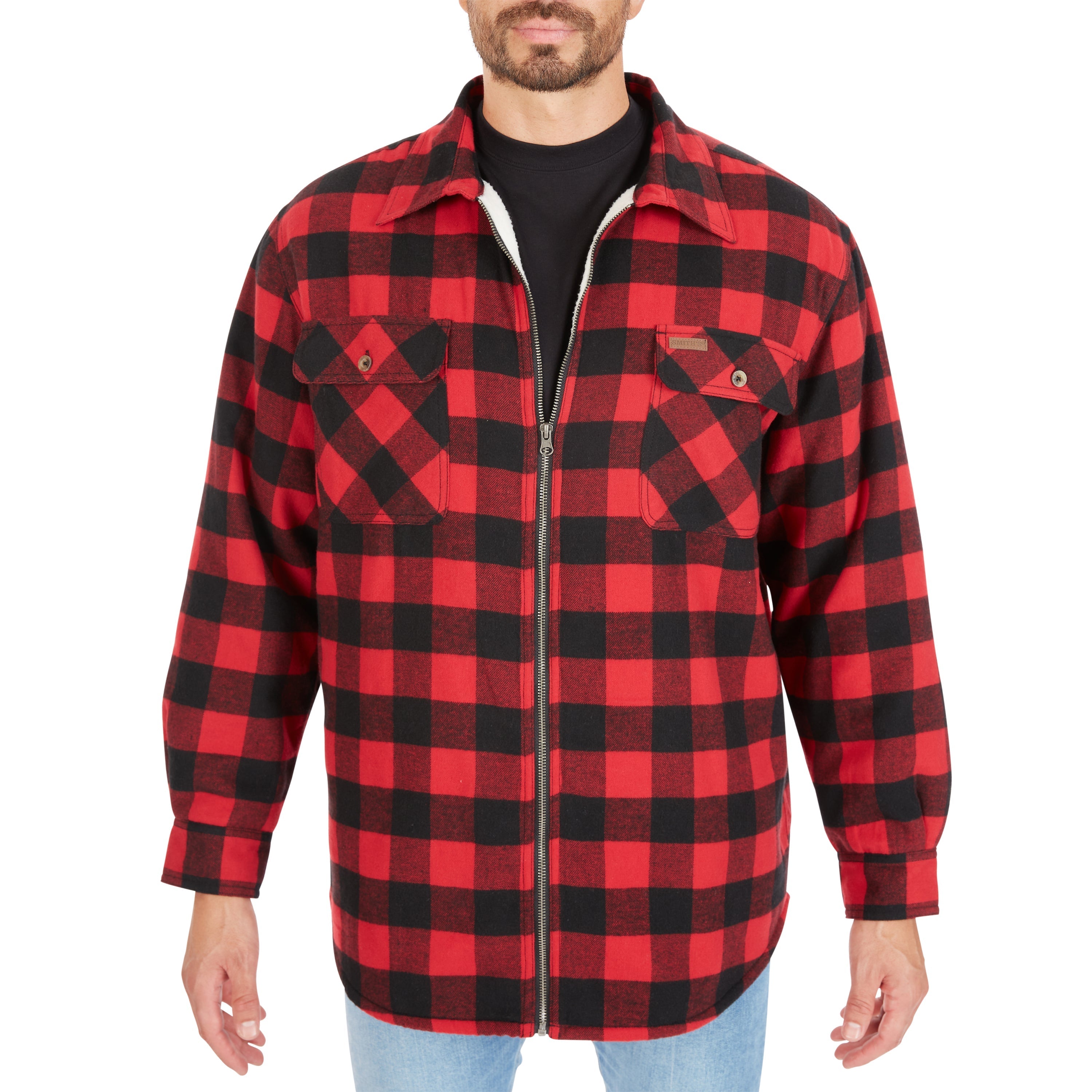  Smith's Workwear Zip-Front Sherpa-Lined Flannel Shirt Jacket - Red/Black - Bonton