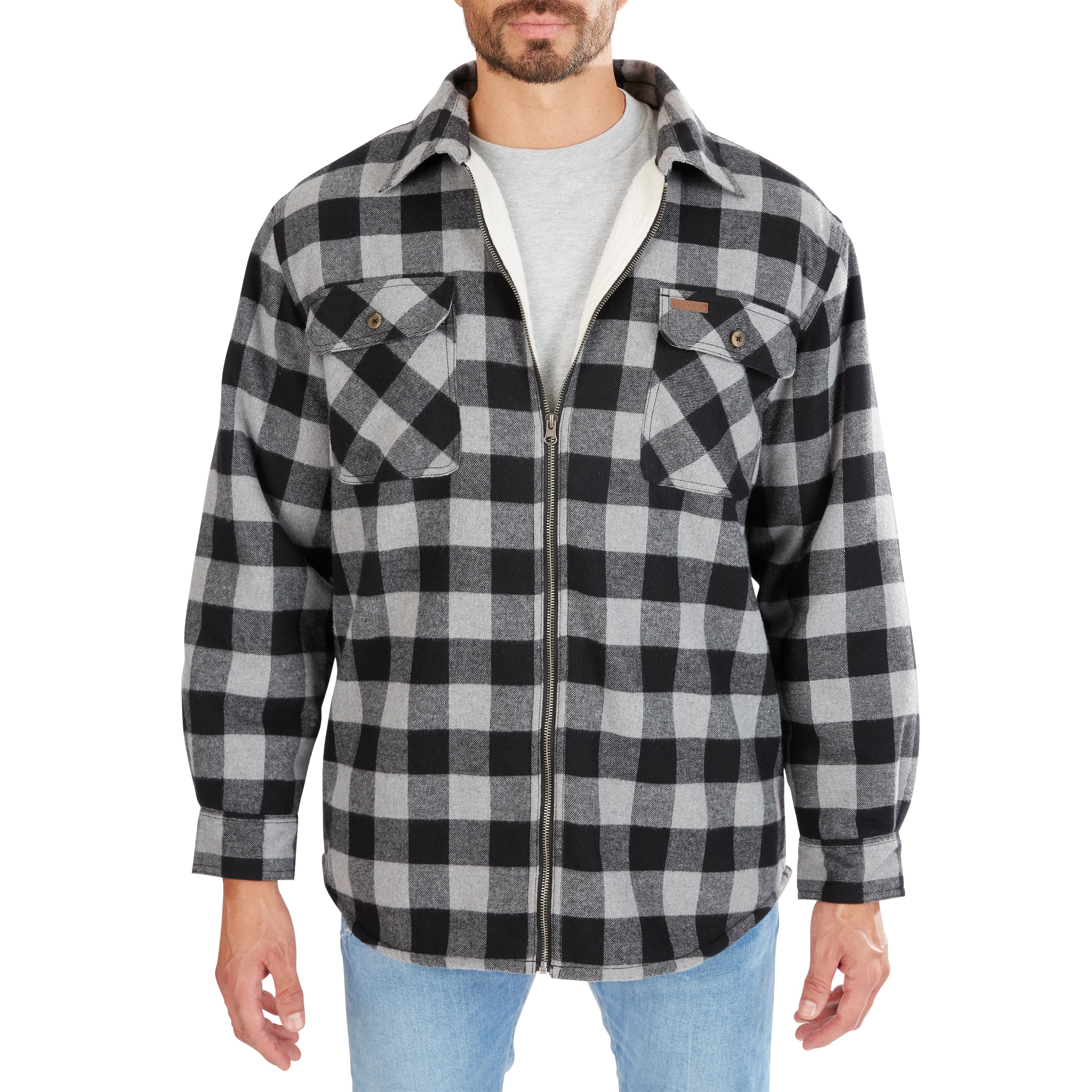  Smith's Workwear Zip-Front Sherpa-Lined Flannel Shirt Jacket - Stone/Black - Bonton