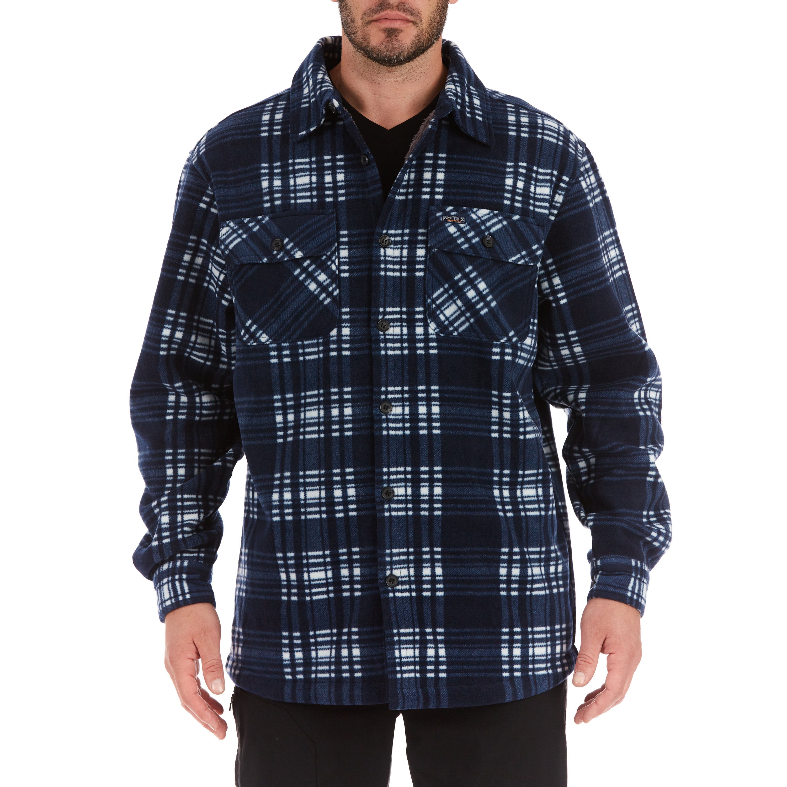  Smith's Workwear Sherpa-Lined Plaid Fleece Shirt Jacket - Navy/White-319 - Bonton