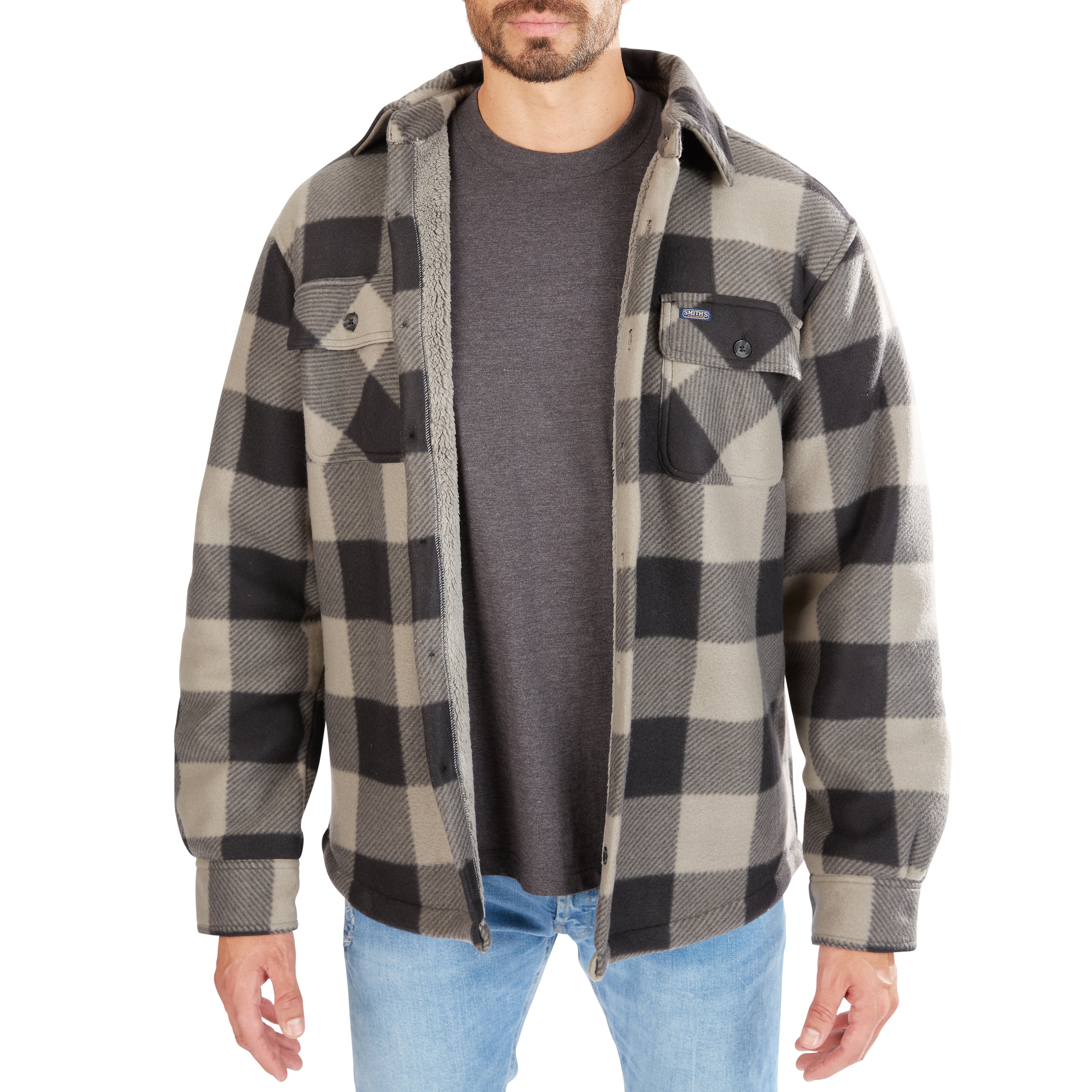  Smith's Workwear Sherpa-Lined Plaid Fleece Shirt Jacket - Stone/Black-503 - Bonton