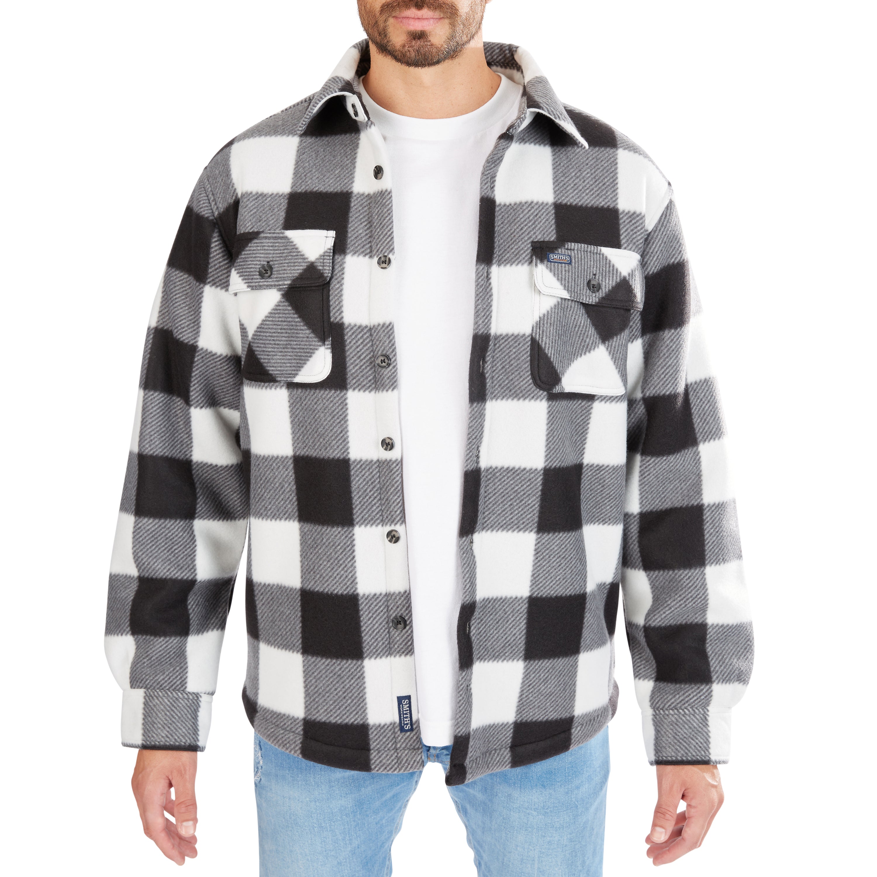  Smith's Workwear Sherpa-Lined Plaid Fleece Shirt Jacket - White/Black-503 - Bonton