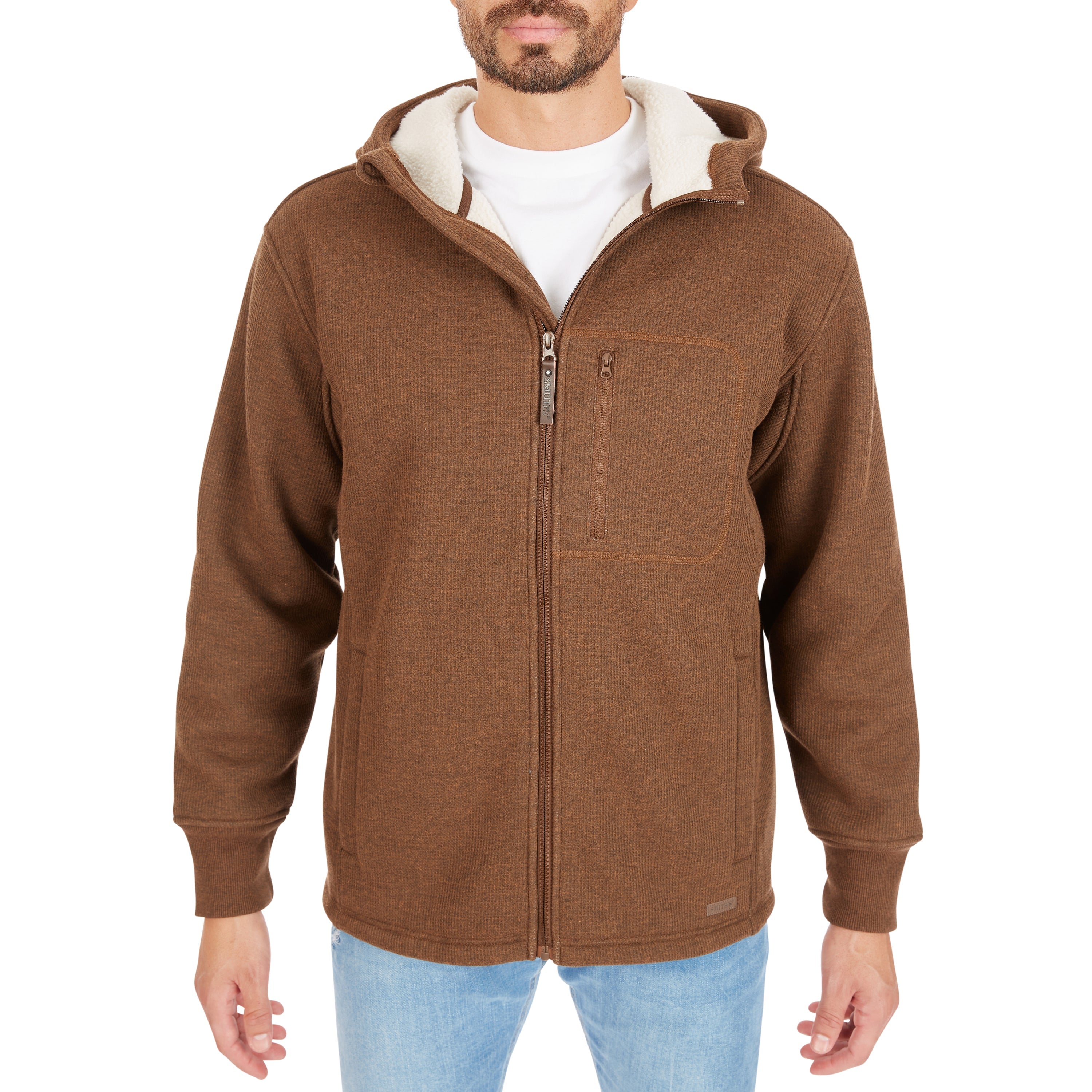  Smith's Workwear Sherpa-Lined Heather Thermal Hooded Full Zip Shirt Jacket - Heather Hazelnut - Bonton