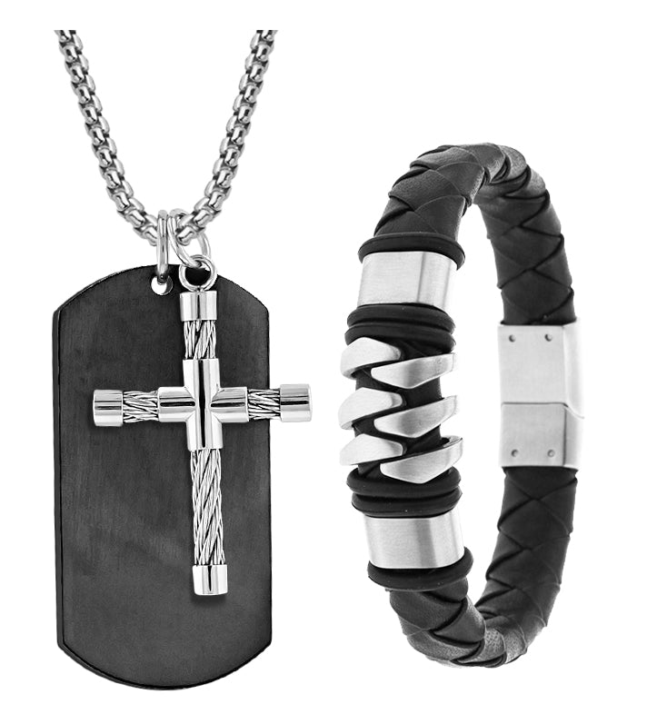  American Exchange American Exchange Dual Pendant Necklace & Bracelet Set - Silver/Black - Bonton