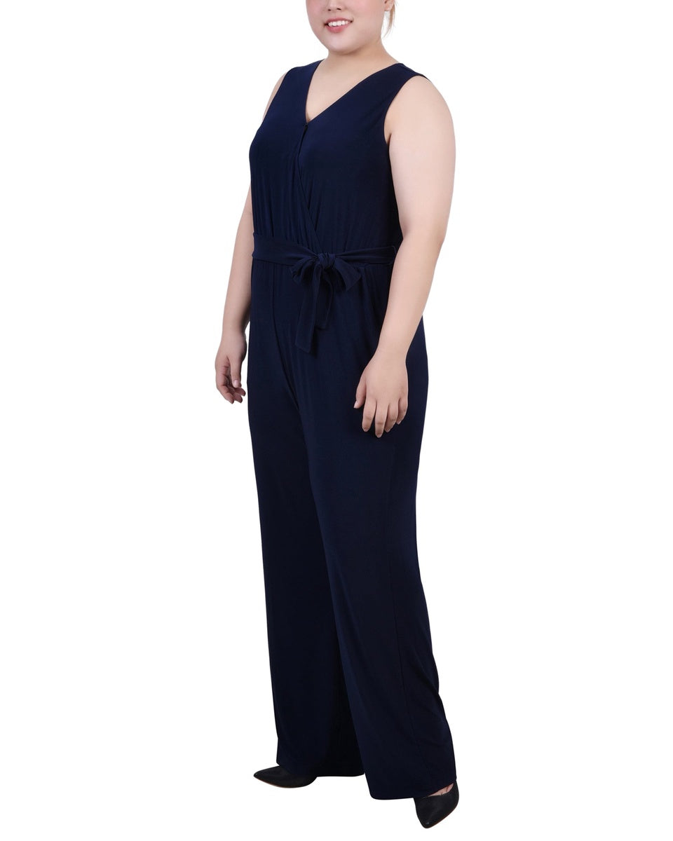  NY Collection Plus Size Sleeveless Belted Jumpsuit - Beet Red - Bonton