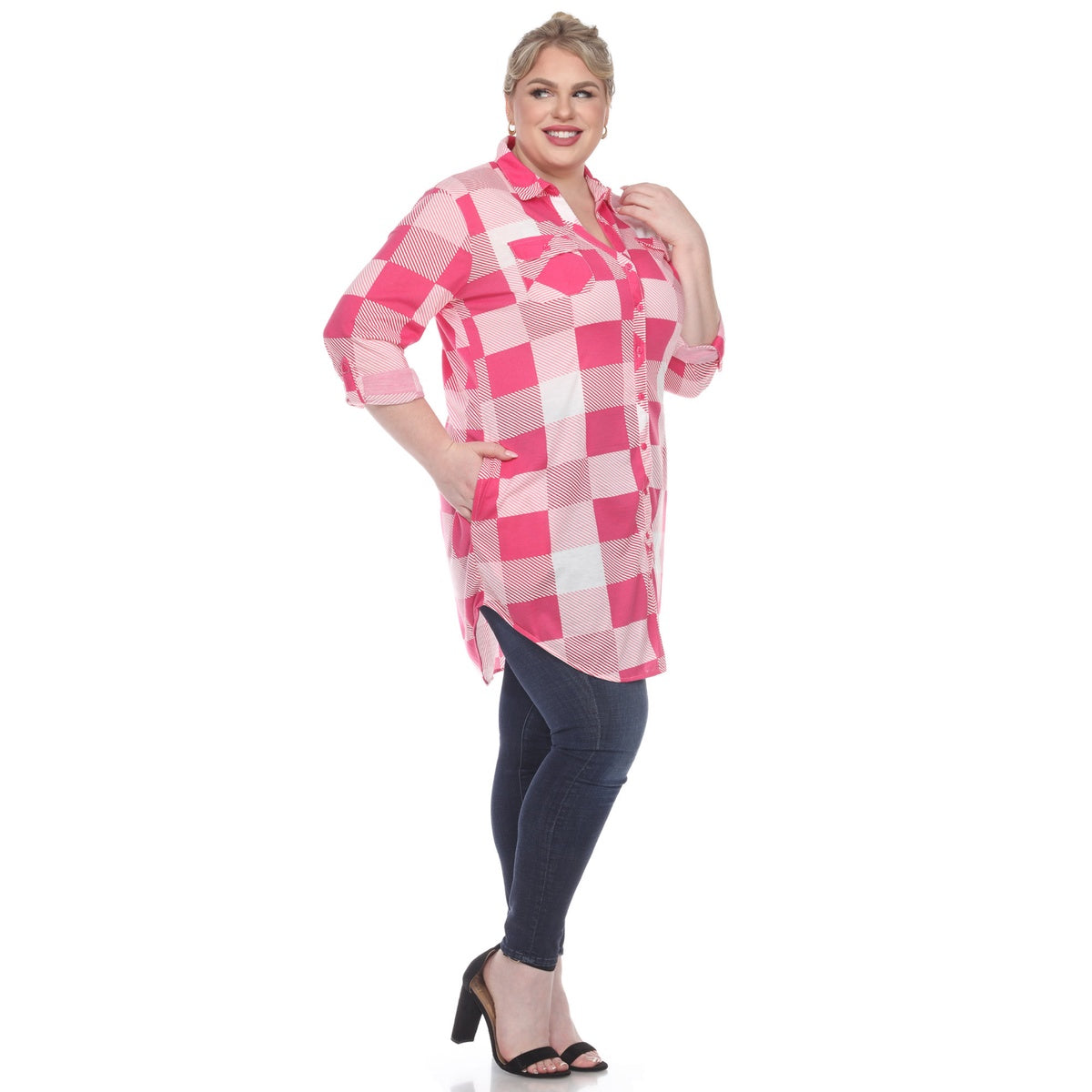  White Mark Plus Size Plaid Button Down Tunic Shirt - 1X - Bonton