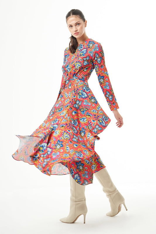 Long Sleve High Neck Midi Dress - Dress