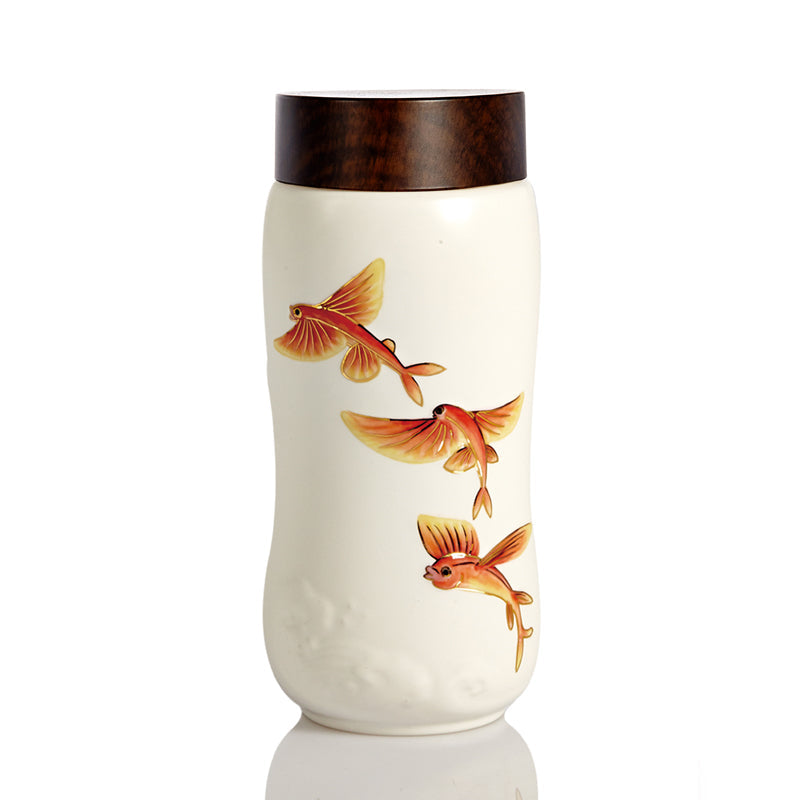  Acera The Joy of Fish Travel Mug ( Double Wall ) - White with Red Fishes (Hand- painted) - Bonton