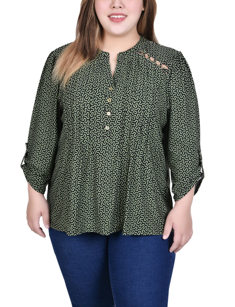  NY Collection Plus Size Long Sleeve Pintuck Front Top With Chain Details - Animal Lilas Dot - Bonton