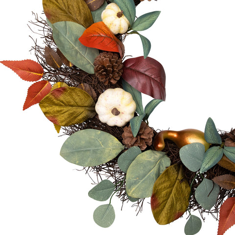 Pumpkin  Pinecone  and Gourd Artificial Fall Harvest Wreath  24-Inch  Unlit