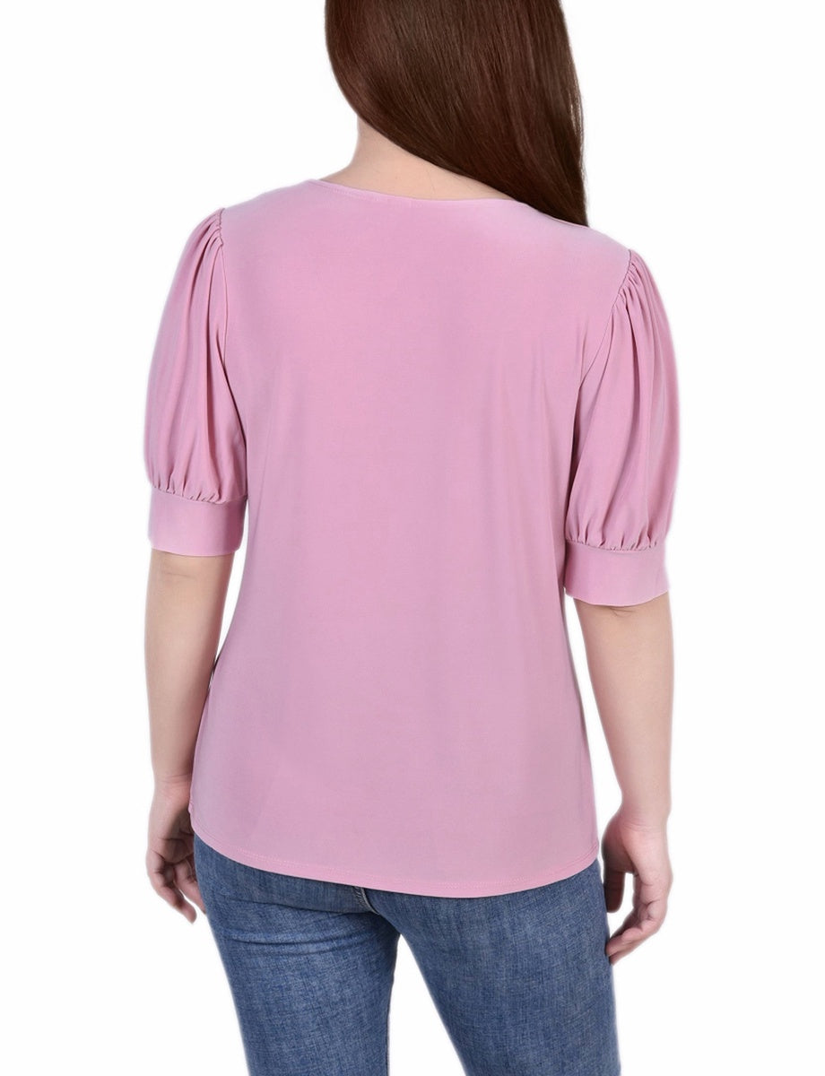  NY Collection Short Sleeve Balloon Sleeve Top With Hardware - Samoan Sun - Bonton