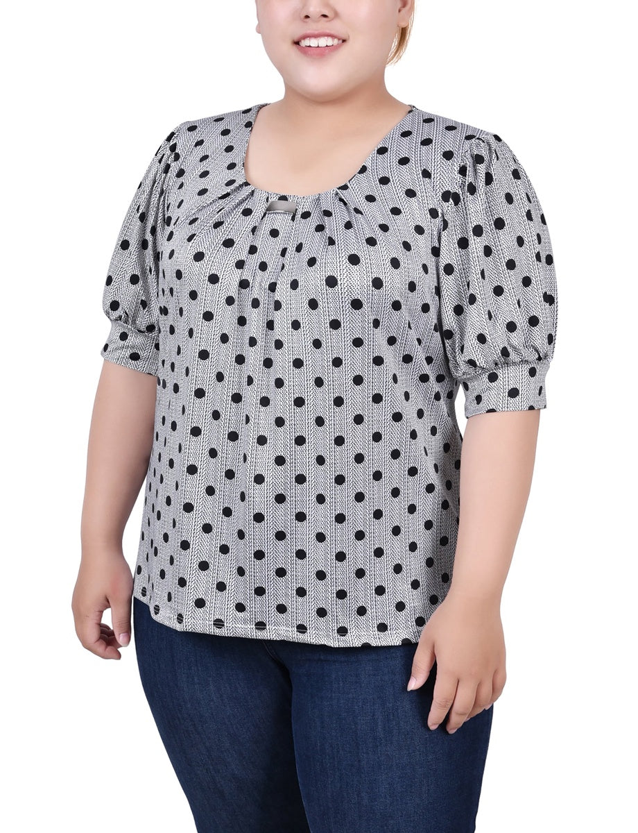  NY Collection Short Sleeve Balloon Sleeve Top - Black White Boxes - Bonton