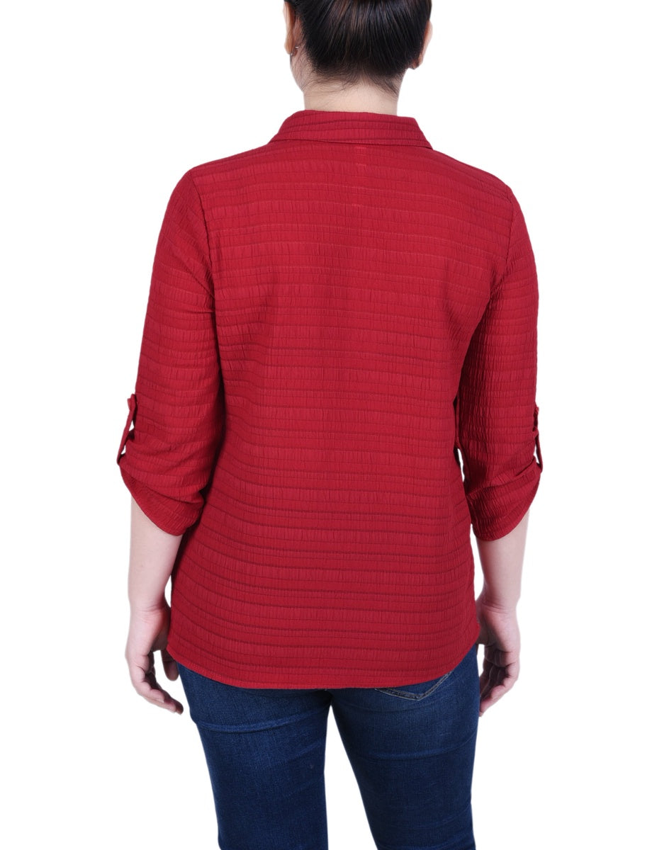  NY Collection Petite 3/4 Sleeve Woven Jacquard Blouse - Gibraltar Sea - Bonton
