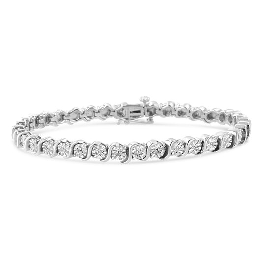 .925 Sterling Silver 1/10 Cttw Diamond Round Miracle Plate And "S" Link Tennis Bracelet (I-J Color, I2- I3 Clarity) - 7"