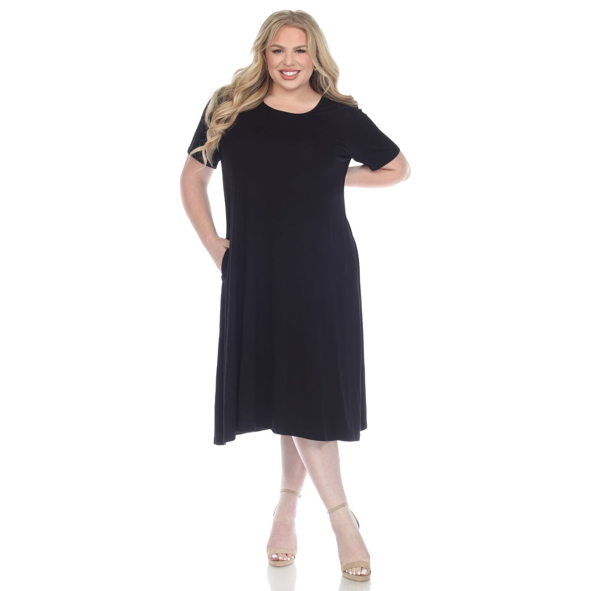  White Mark Plus Size Short Sleeve Pocket Swing Midi Dress - 3X - Bonton