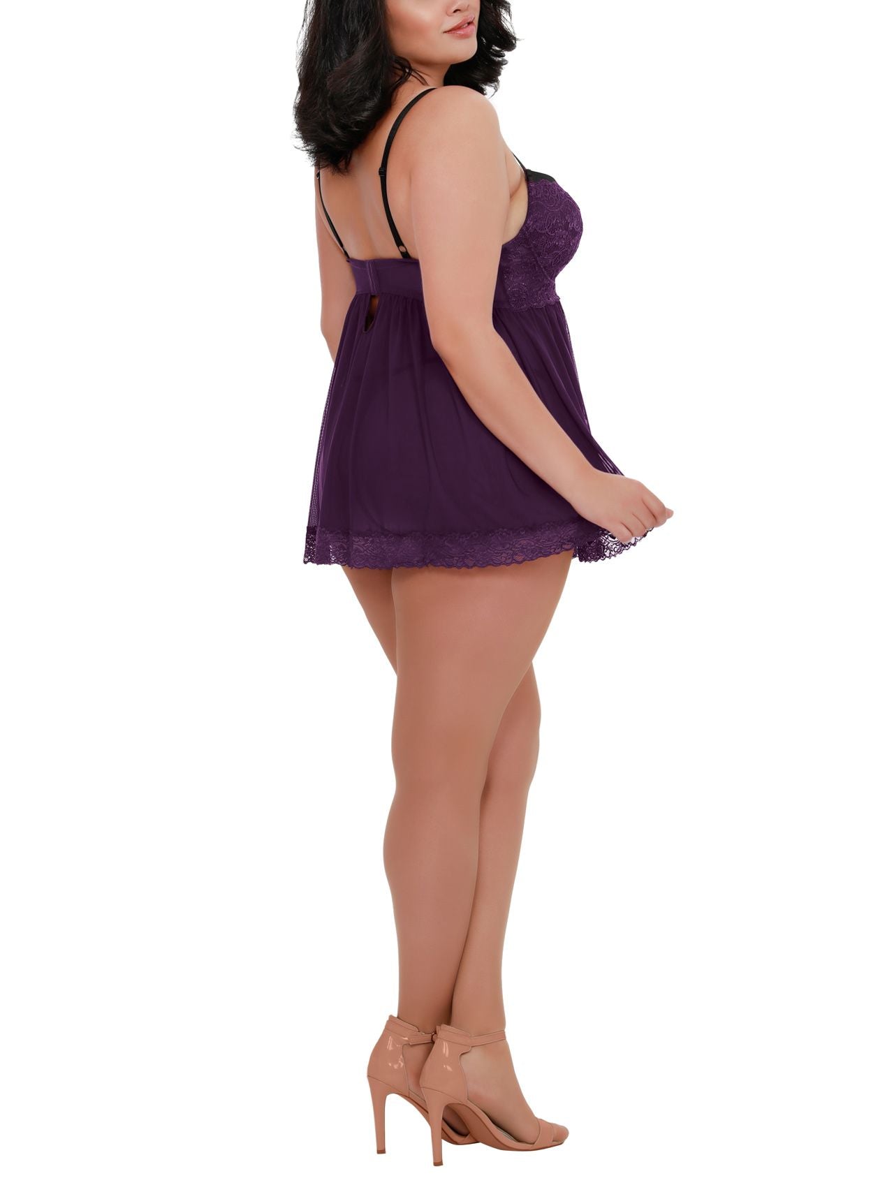  Dreamgirl Plus Size Lace Babydoll With Push-up Cups - Plum - Bonton