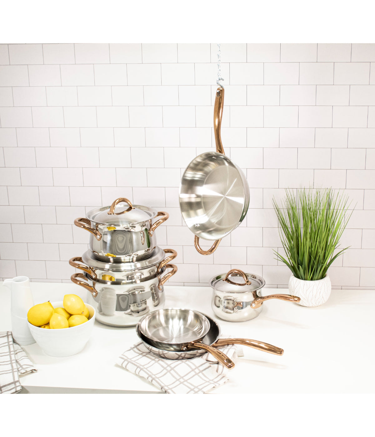  BergHOFF Ouro Gold 18/10 Stainless Steel 11 Piece Cookware Set - Silver, Rose Gold Handles - Bonton