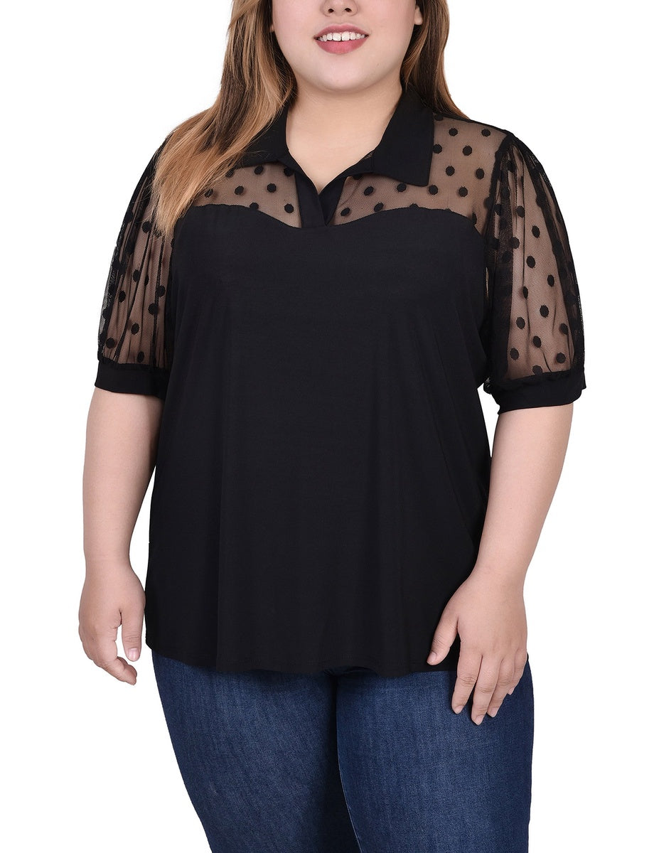  NY Collection Plus Size Short Sleeve Top With Dotted Mesh - Black - Bonton