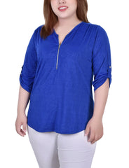 Plus Size 3/4 Roll Tab Zip Front Jacquard Knit Top