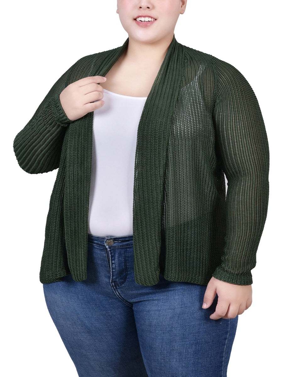  NY Collection Plus Size Open Knit Cardigan - Dark Green - Bonton