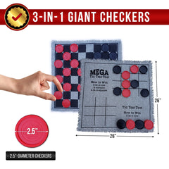 3-in-1 Giant Tic Tac Toe, Checkers Rug & Board Games for Indoor Outdoor Fun