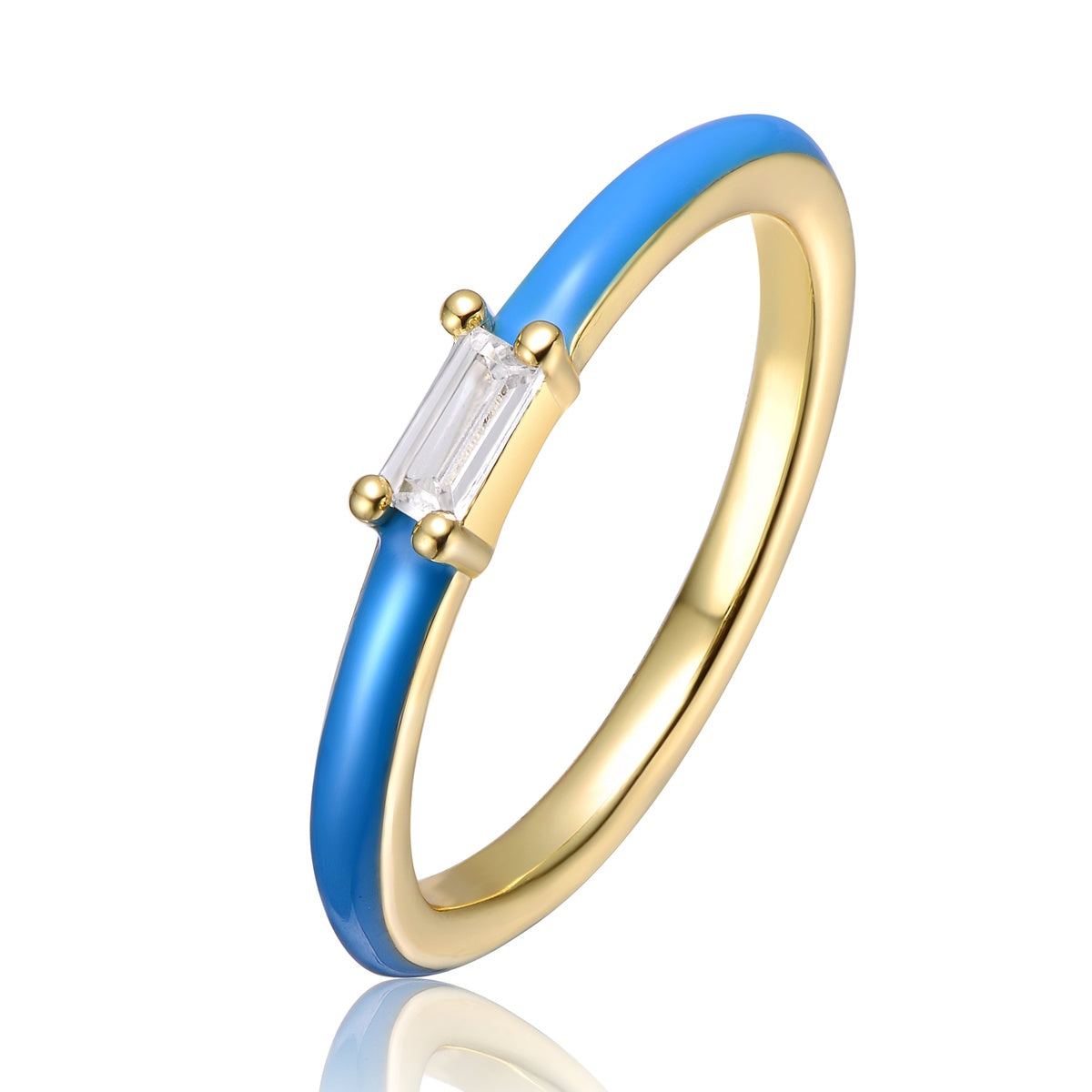  GigiGirl Kids/Teens 14k Yellow Gold Plated With Cubic Zirconia Baguette Solitaire Magenta-Blue Enamel Slim Stacking Ring - 4 - Bonton