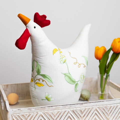 12" White  Soft Green  and Yellow Floral Rooster Chicken Spring Decoration