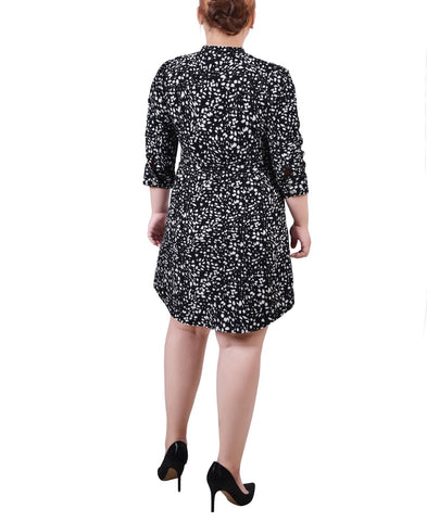 Plus Size 3/4 Rouched Sleeve Dress With Belt