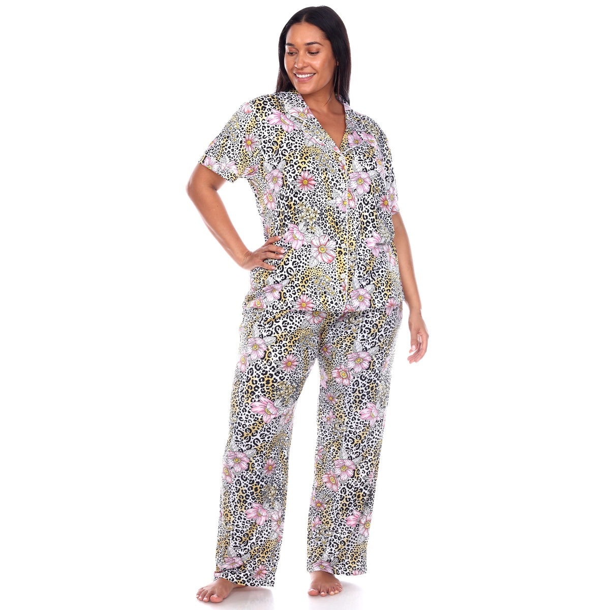  White Mark Plus Size Short Sleeve & Pants Tropical Pajama Set - 1X - Bonton