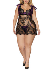 Women's Plus Size Eyelash Lace and Satin Chemise and G-string Set