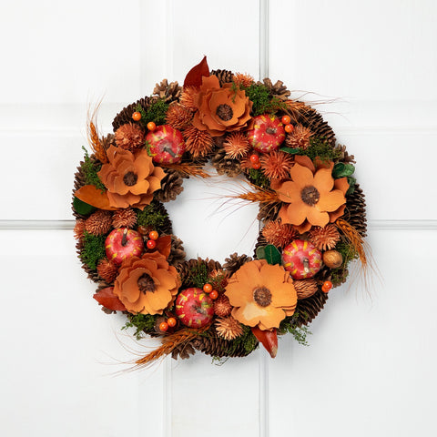 Flowers and Gourds Pine Cone Artificial Fall Harvest Wreath  13.25-Inch  Unlit