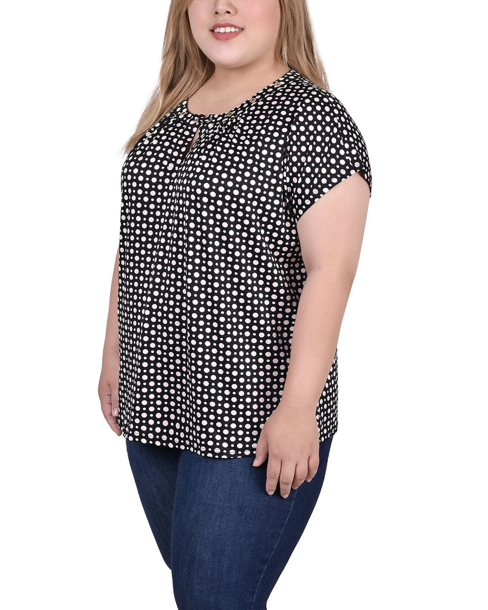  NY Collection Plus Size Extended Sleeve Top With Grommets - Black Blue Taupe Abstract - Bonton