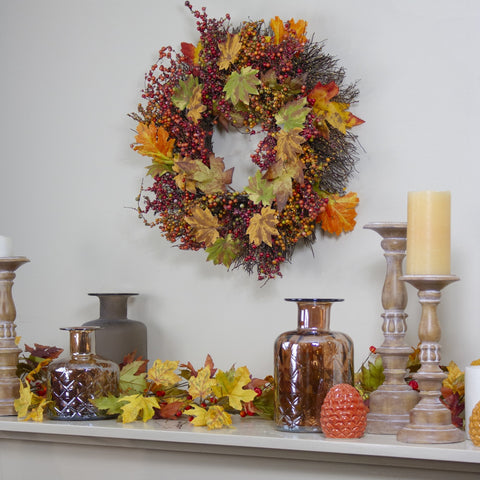 Maple Leaf and Berry Twig Artificial Fall Harvest Wreath  22-Inch