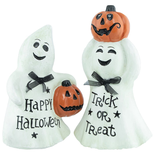 Ghost and Pumpkin "Happy Halloween" and "Trick or Treat" Figurines - 7.75" - Set of 2