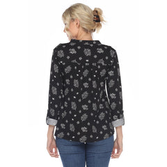 Women's Pleated Long Sleeve Leaf Print Blouse