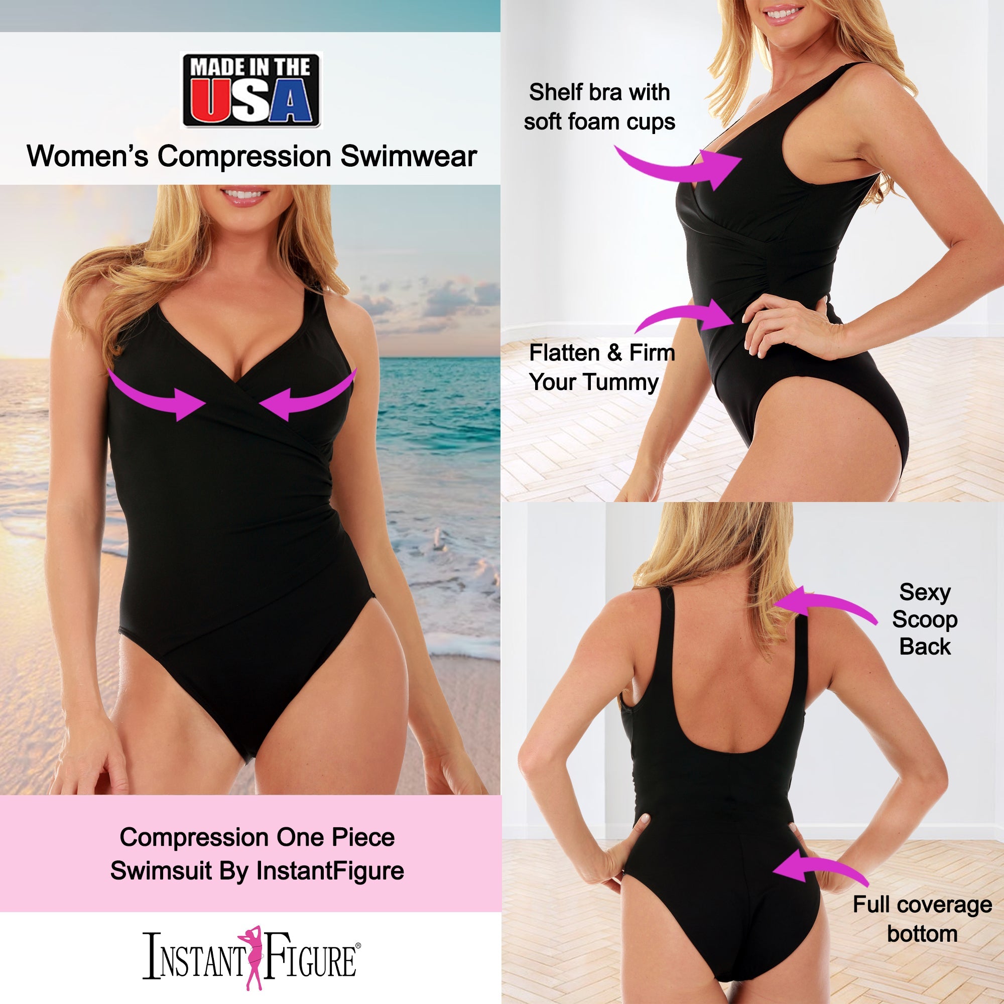  InstantFigure InstantFigure Wrap One Piece Swimsuit 13443P - Black - Bonton