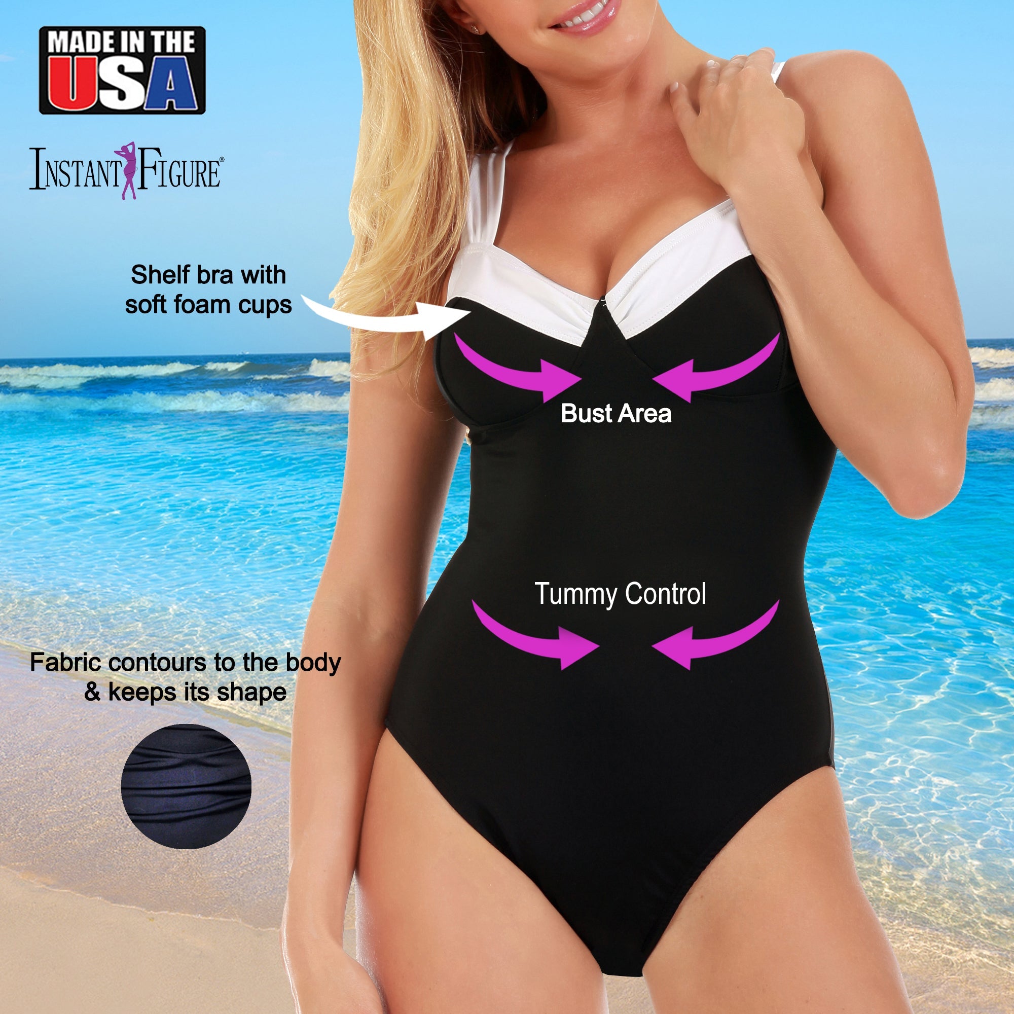  InstantFigure InstantFigure Contrast Trim One Piece Swimsuit 13496P - Black/White - Bonton