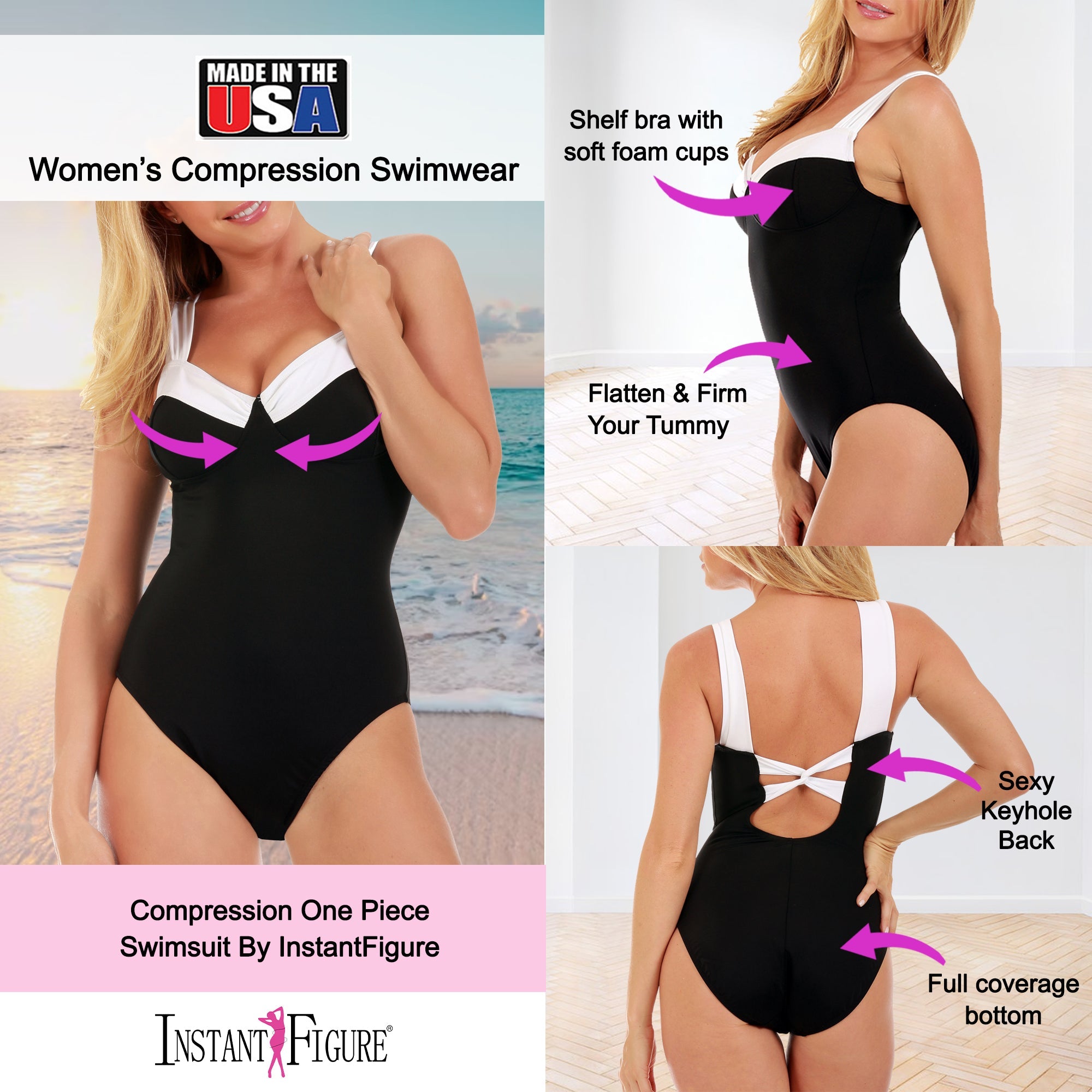  InstantFigure InstantFigure Contrast Trim One Piece Swimsuit 13496P - Black/White - Bonton