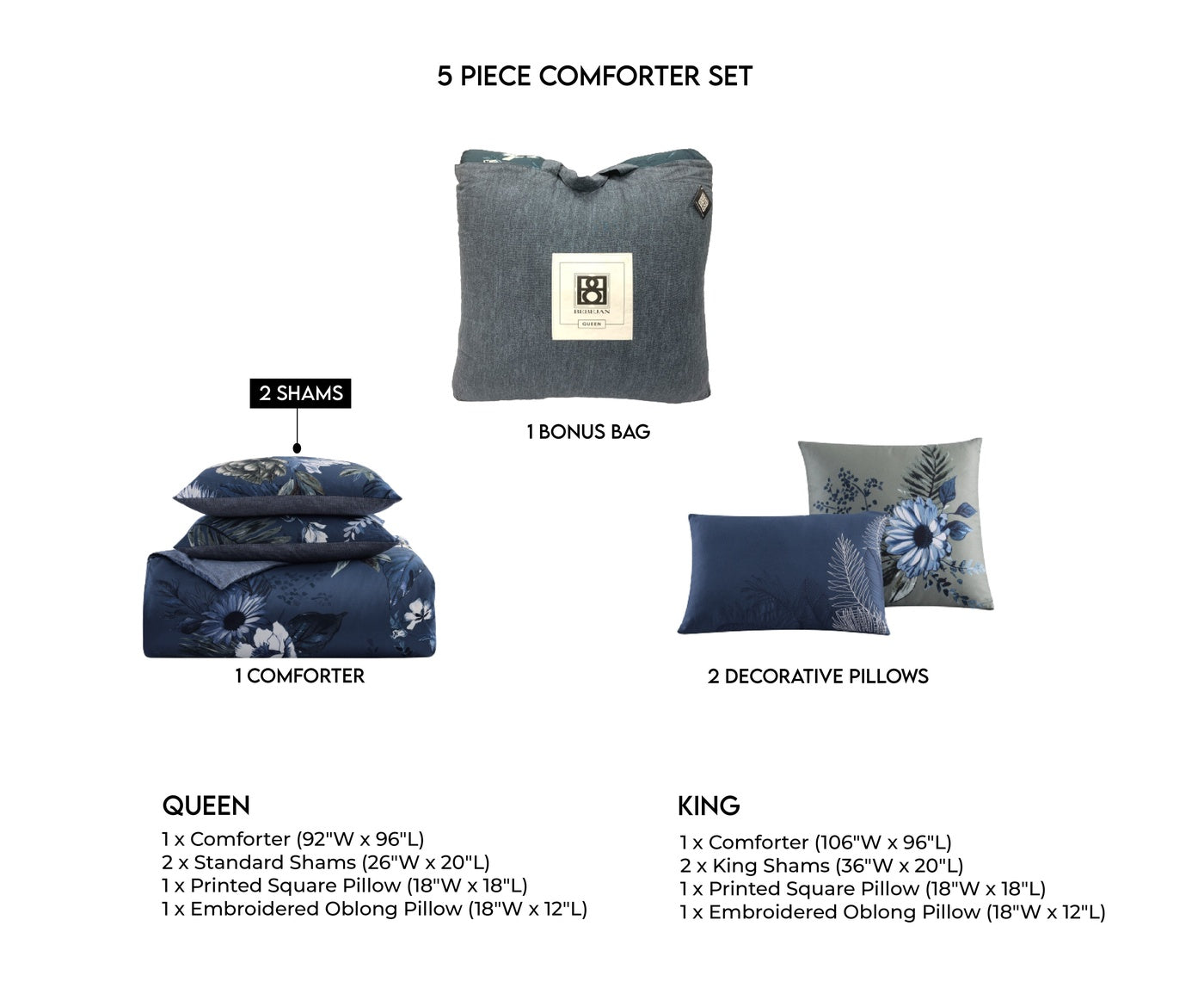  Bebejan Bebejan Daisy Blue 5 Piece Queen Size Reversible Comforter Set - FINAL SALE - QUEEN - Bonton