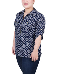 Plus Size 3/4 Roll Tab Sleeve Zip Front Top