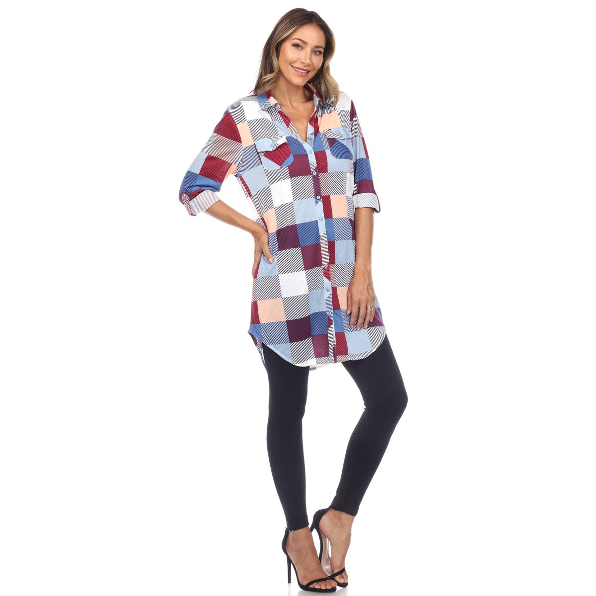  White Mark Women's Plaid Button Down Tunic Top - S - Bonton