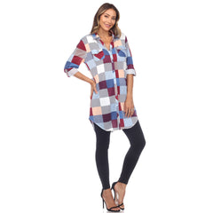 Women's Plaid Button Down Tunic Top