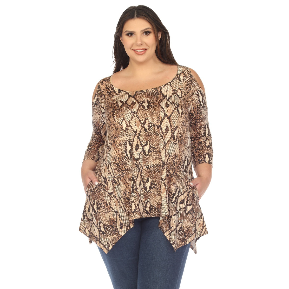  White Mark Plus Size Snake Print Cold Shoulder Tunic - 1X - Bonton