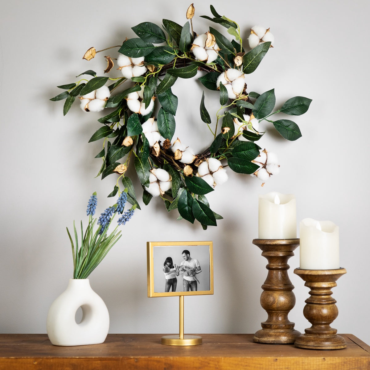  Northlight White Cotton Flowers With Foliage Spring Twig Wreath - 18