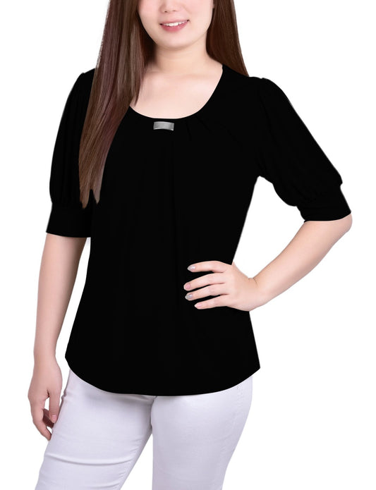 Short Sleeve Balloon Sleeve Top With Hardware