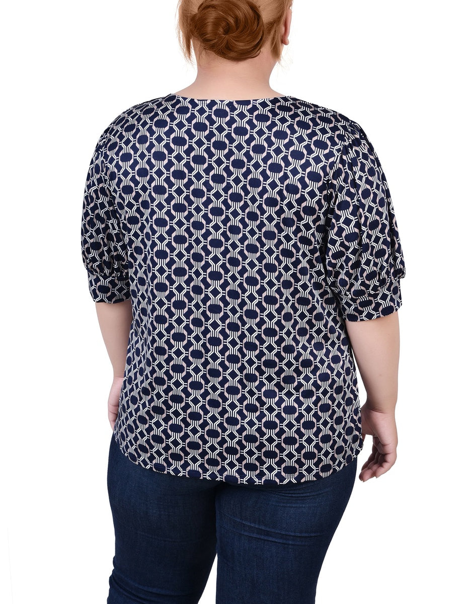  NY Collection Plus Size Short Sleeve Balloon Sleeve Top With Hardware - Black Taupe Zebra - Bonton