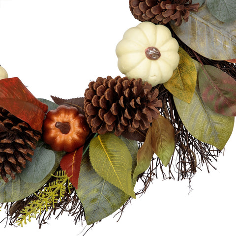 Pumpkin  Pinecone  and Gourd Artificial Fall Harvest Wreath  24-Inch  Unlit
