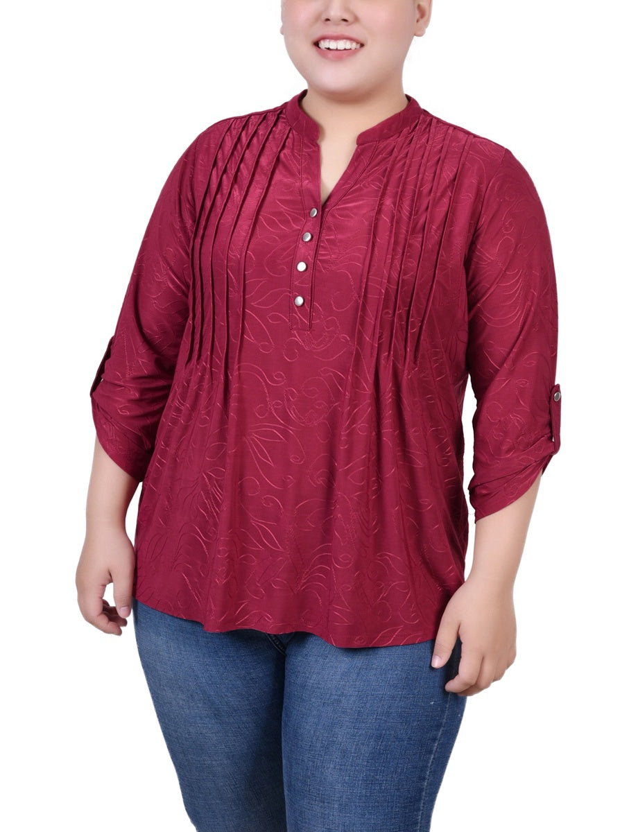  NY Collection Plus Size 3/4 Roll Tab Pullover Top - Beet Red - Bonton