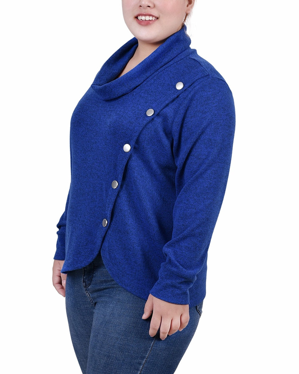  NY Collection Plus Size Long Sleeve Overlapping Cowl Neck Top - Navy Enzoz - Bonton