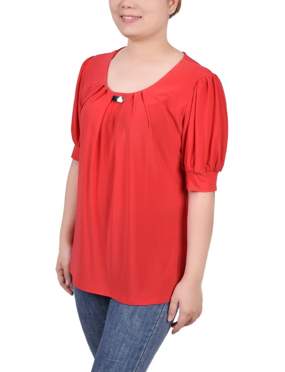  NY Collection Short Sleeve Balloon Sleeve Top With Hardware - Black - Bonton